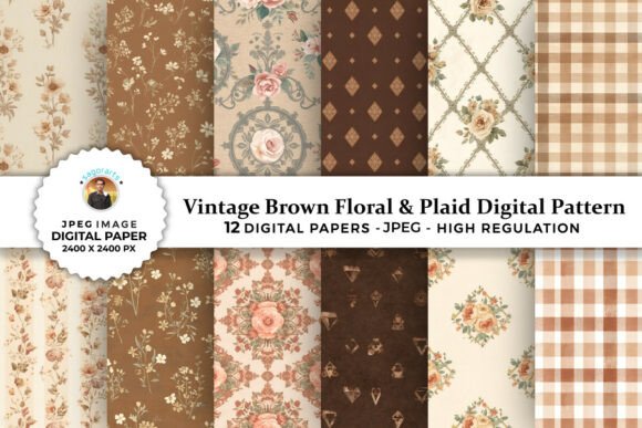 Download Brown Floral &amp; Plaid Digital Patterns - Patterns Collection